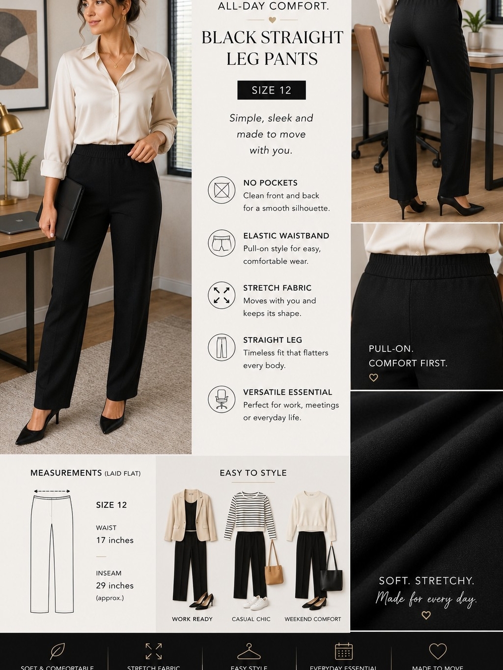 Women's Black Straight Leg Pull-On Pants — Effortless Comfort